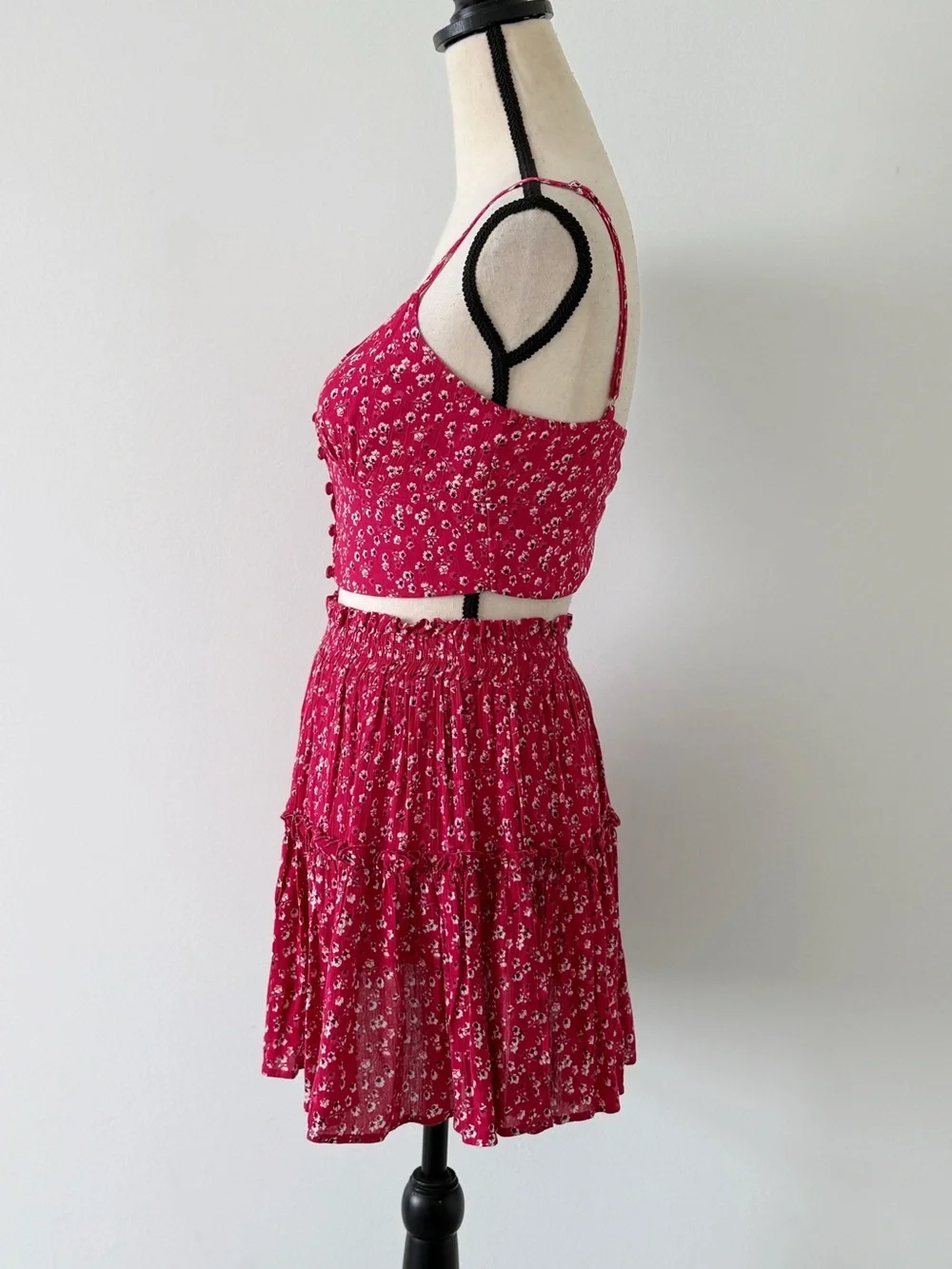 Princess Polly Shah Skirt Top Set Red Floral Crop Cami Tiered Mini Skirt US 2